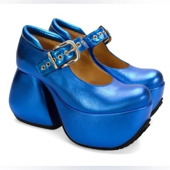 John Fluevog Blue Metallic Kool Platform Mary Janes Women’s size 8 - Picture 2 of 8